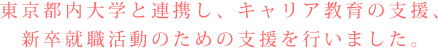 東京都内大学と連携し、キャリア教育の支援、新卒就職活動のための支援を行いました。